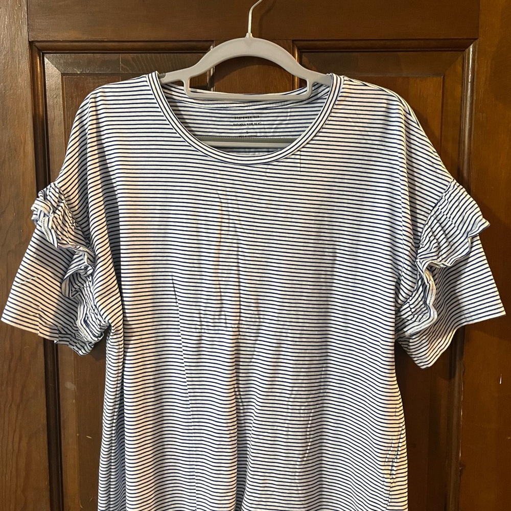 Banana Republic Navy and White Striped Ruffle Sleeve Tee
